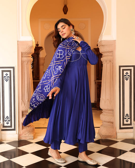 Blue Bandhej Anarkali Suit Set