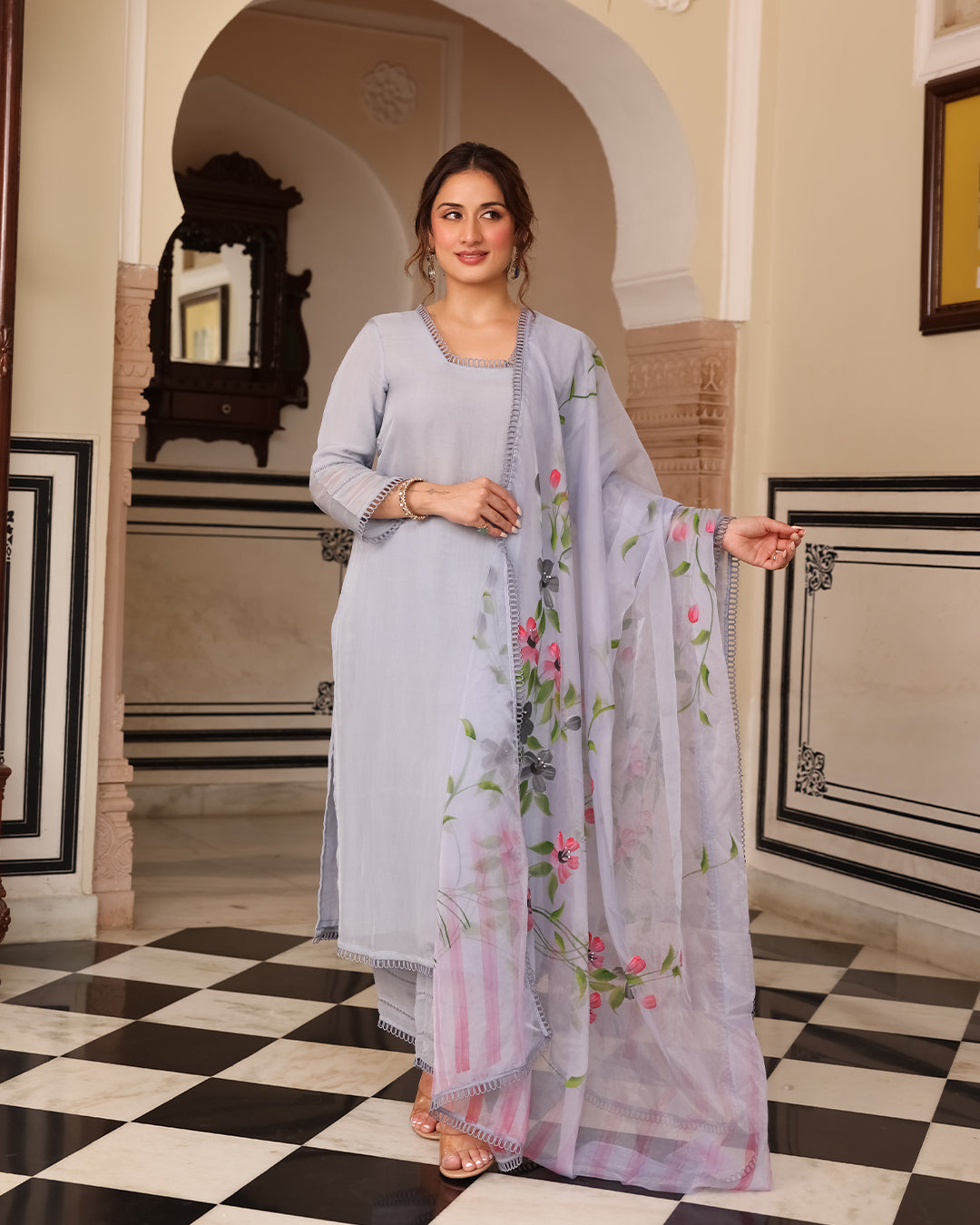 Gray Handpainted Straight Kurta Set