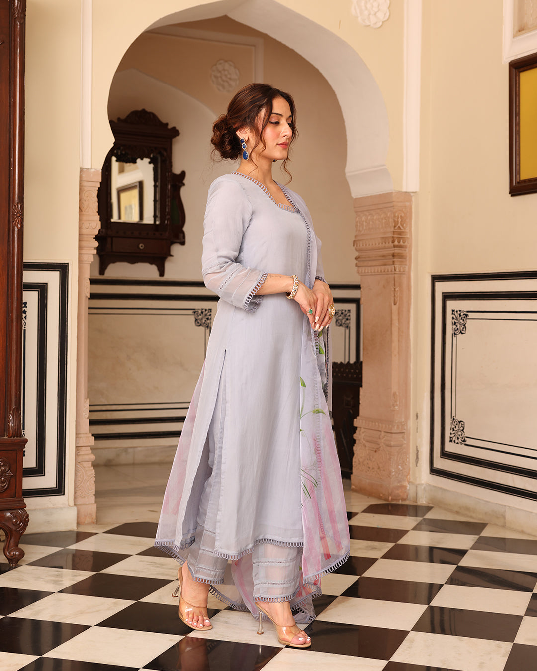 Gray Handpainted Straight Kurta Set