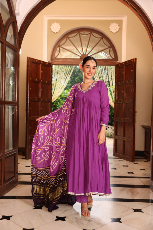 Dark Purple Bandhej Anarkali Suit Set