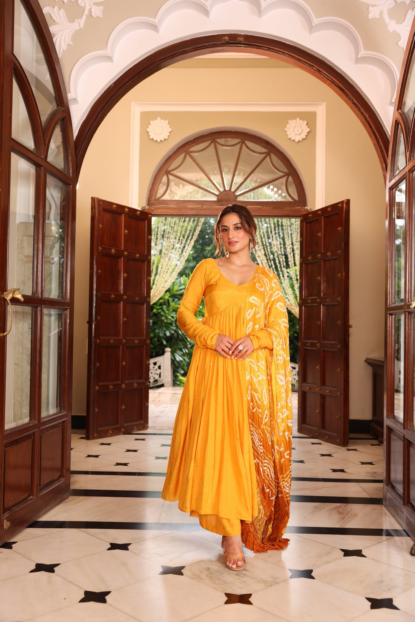 Mustard Bandhej Anarkali Suit Set