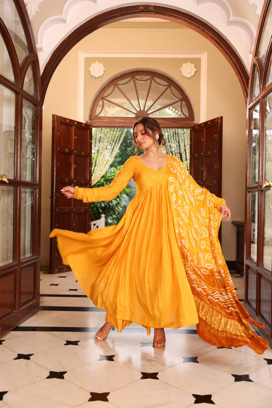 Mustard Bandhej Anarkali Suit Set