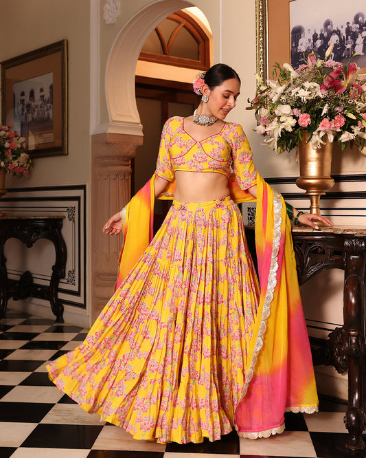 Kurkum Yellow Printed Lehenga