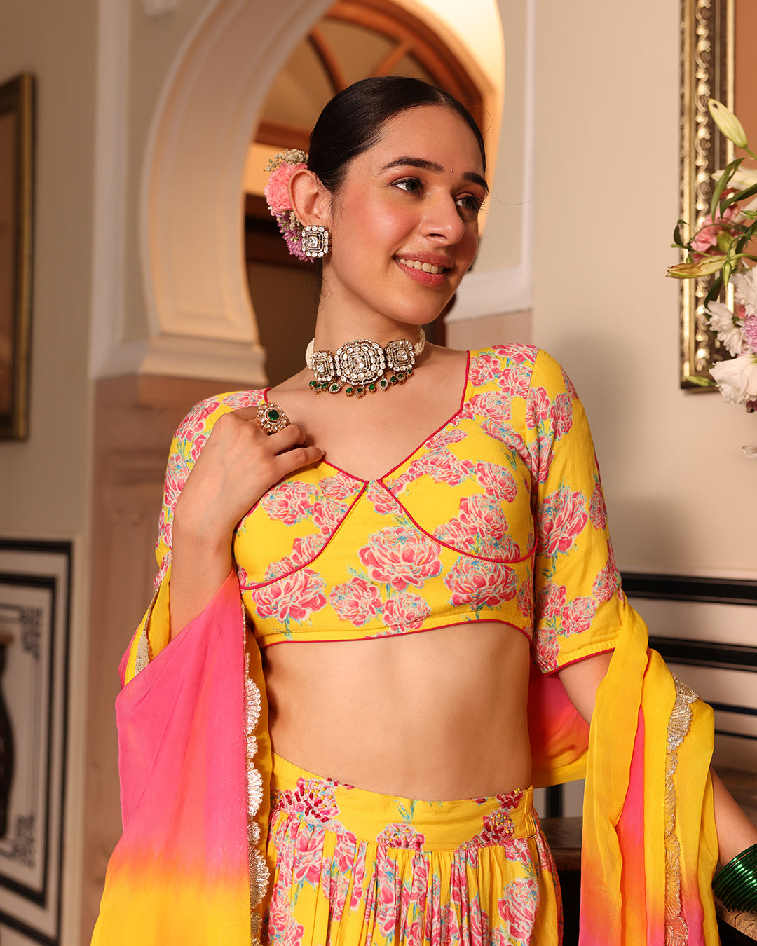 Kurkum Yellow Printed Lehenga