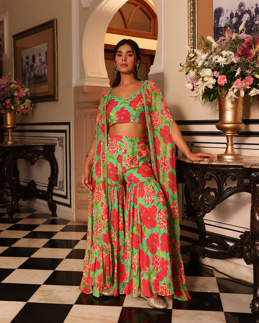 Shamrock Green Printed Indo Western Sharara jacket set