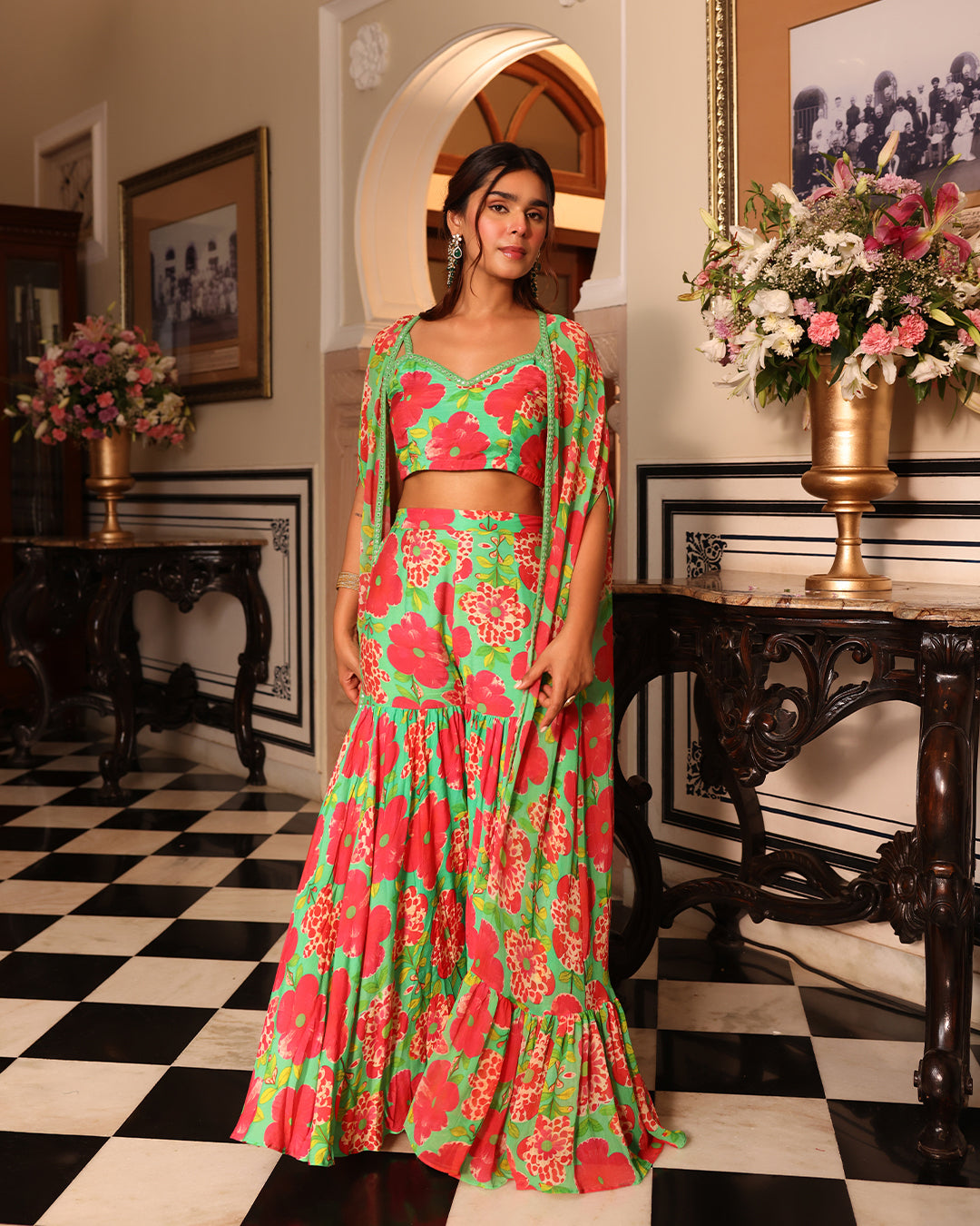 Shamrock Green Printed Indo Western Sharara jacket set
