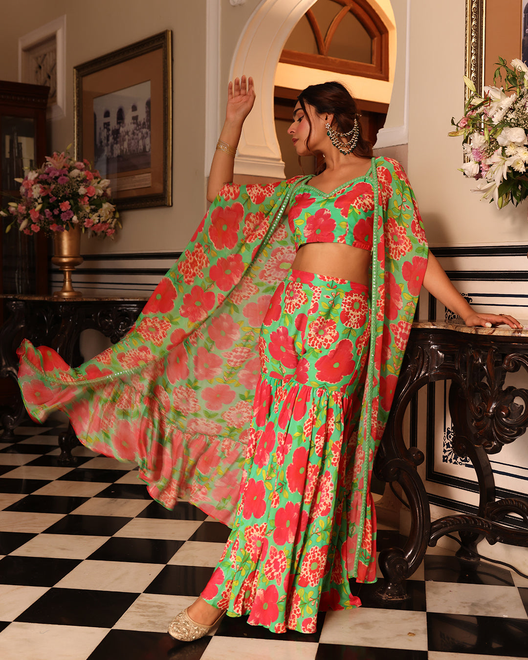 Shamrock Green Printed Indo Western Sharara jacket set