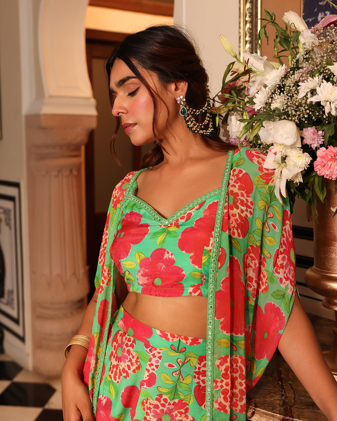 Shamrock Green Printed Indo Western Sharara jacket set