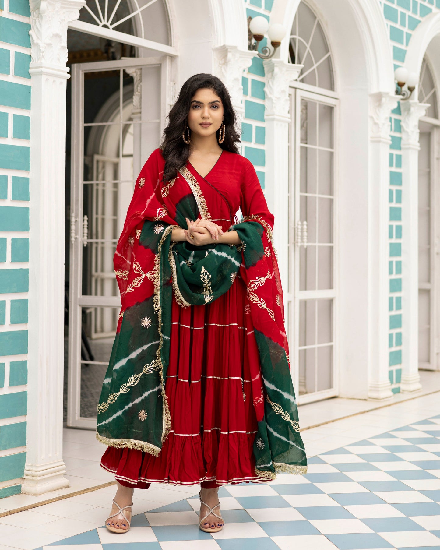 Gulbahaar Bright Maroon Angrakha Anarkali With Straight pants And Dupatta Set Of 3