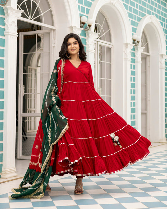 Gulbahaar Bright Maroon Angrakha Anarkali With Straight pants And Dupatta Set Of 3