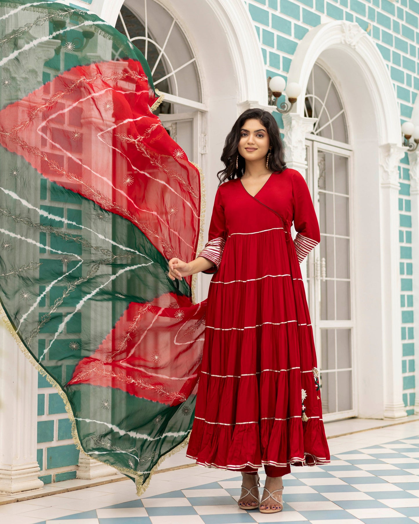 Gulbahaar Bright Maroon Angrakha Anarkali With Straight pants And Dupatta Set Of 3