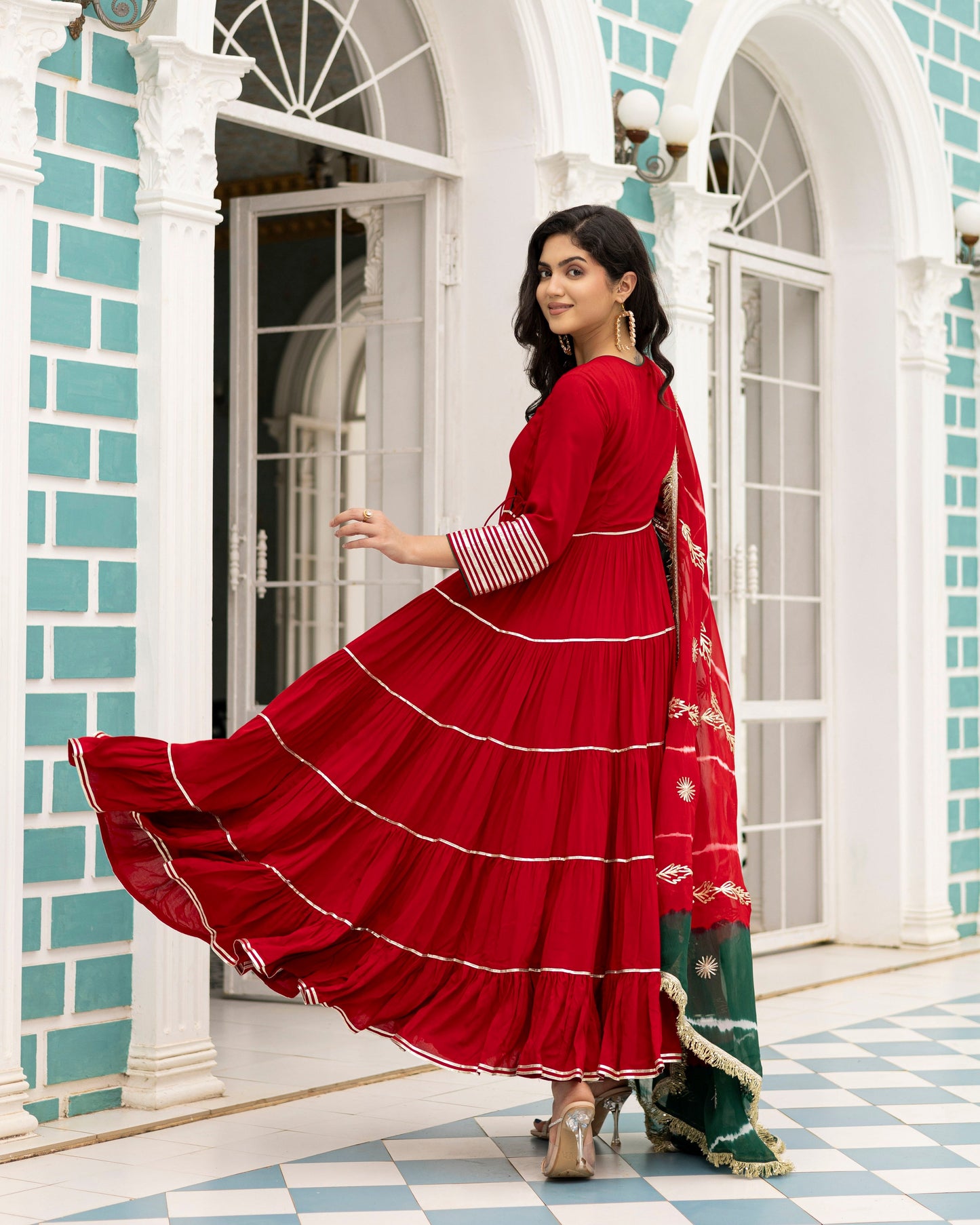 Gulbahaar Bright Maroon Angrakha Anarkali With Straight pants And Dupatta Set Of 3