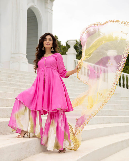 Brink Pink Tie and Dye Sharara Set