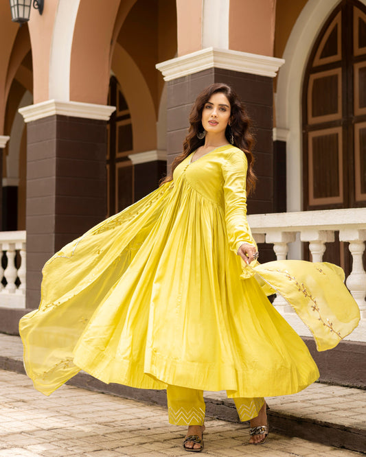 Slime Yellow Green V-Neck Kurta With Palazzo And Gotta Patti Dupatta