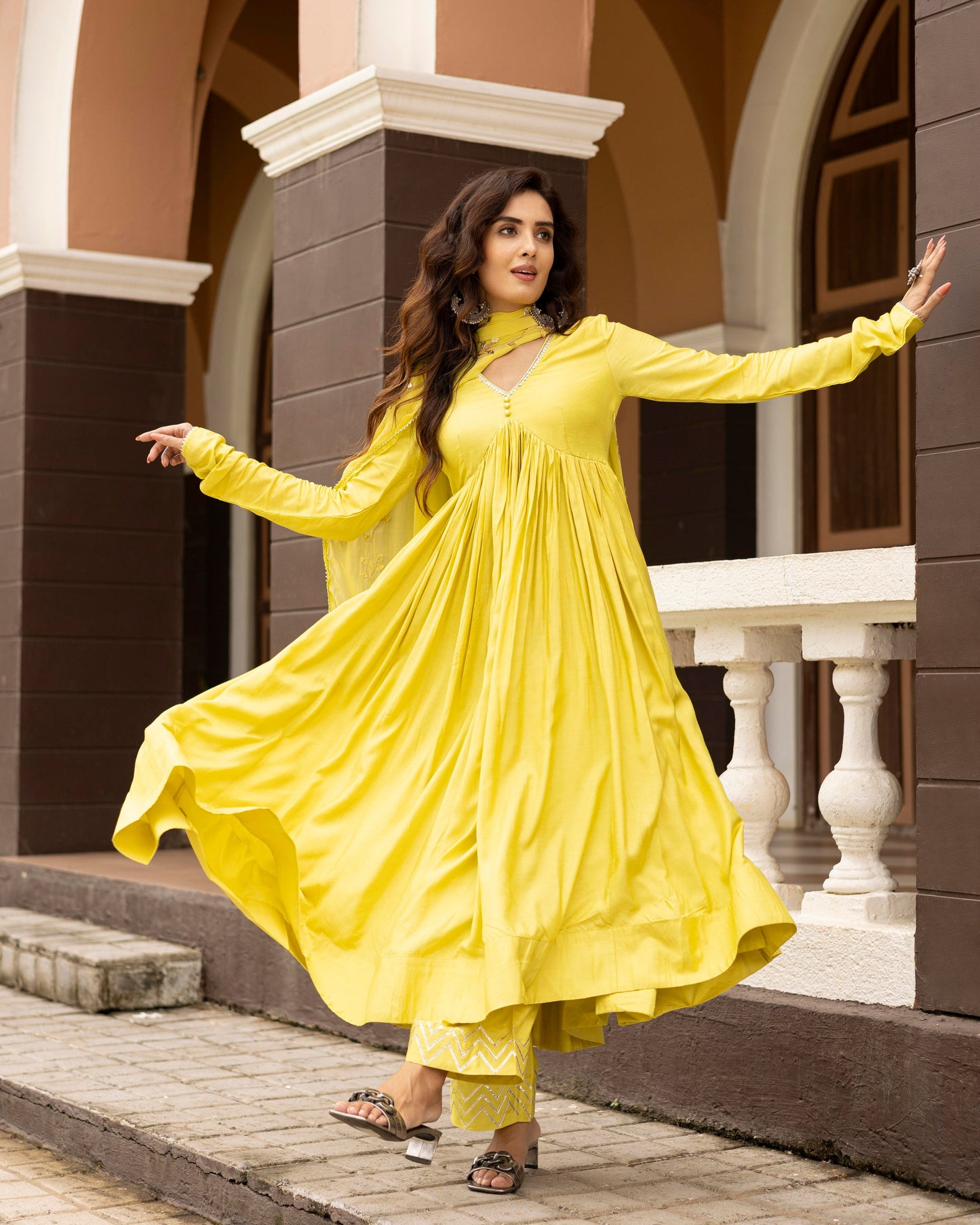 Slime Yellow Green V-Neck Kurta With Palazzo And Gotta Patti Dupatta