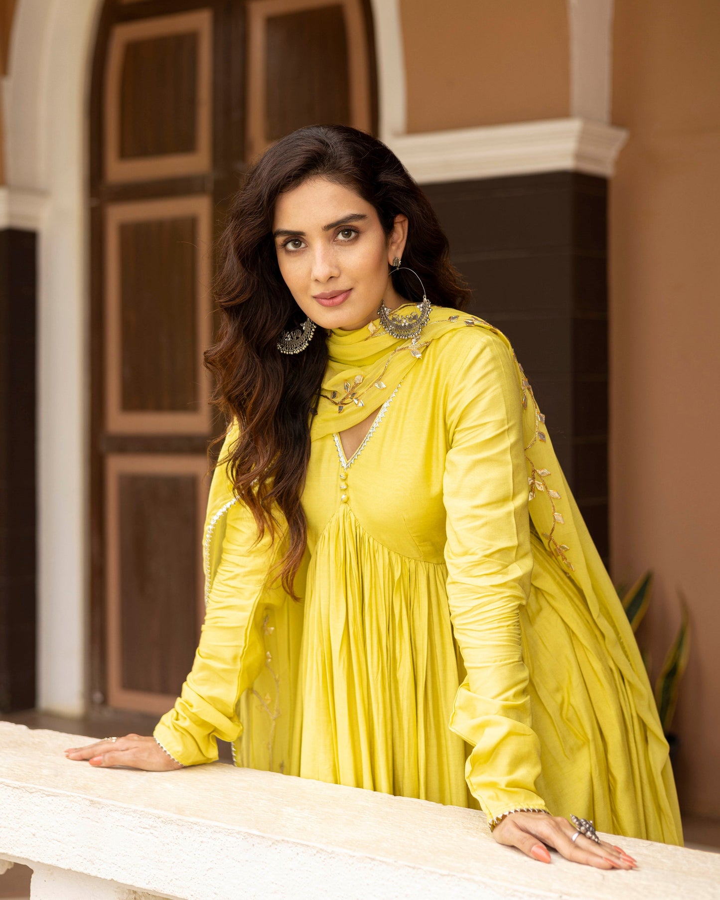 Slime Yellow Green V-Neck Kurta With Palazzo And Gotta Patti Dupatta