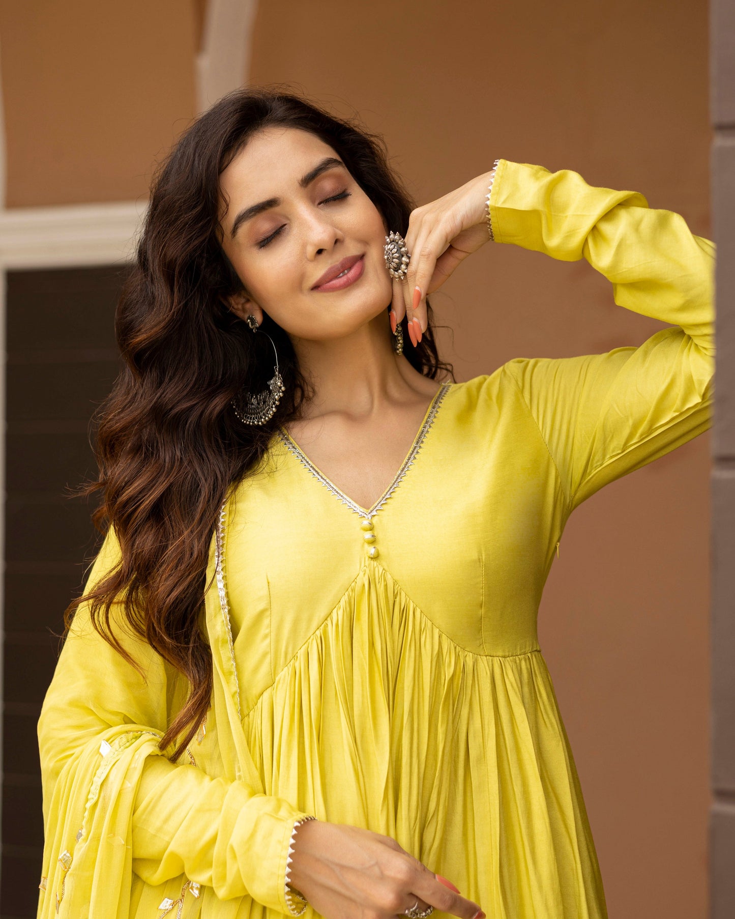 Slime Yellow Green V-Neck Kurta With Palazzo And Gotta Patti Dupatta