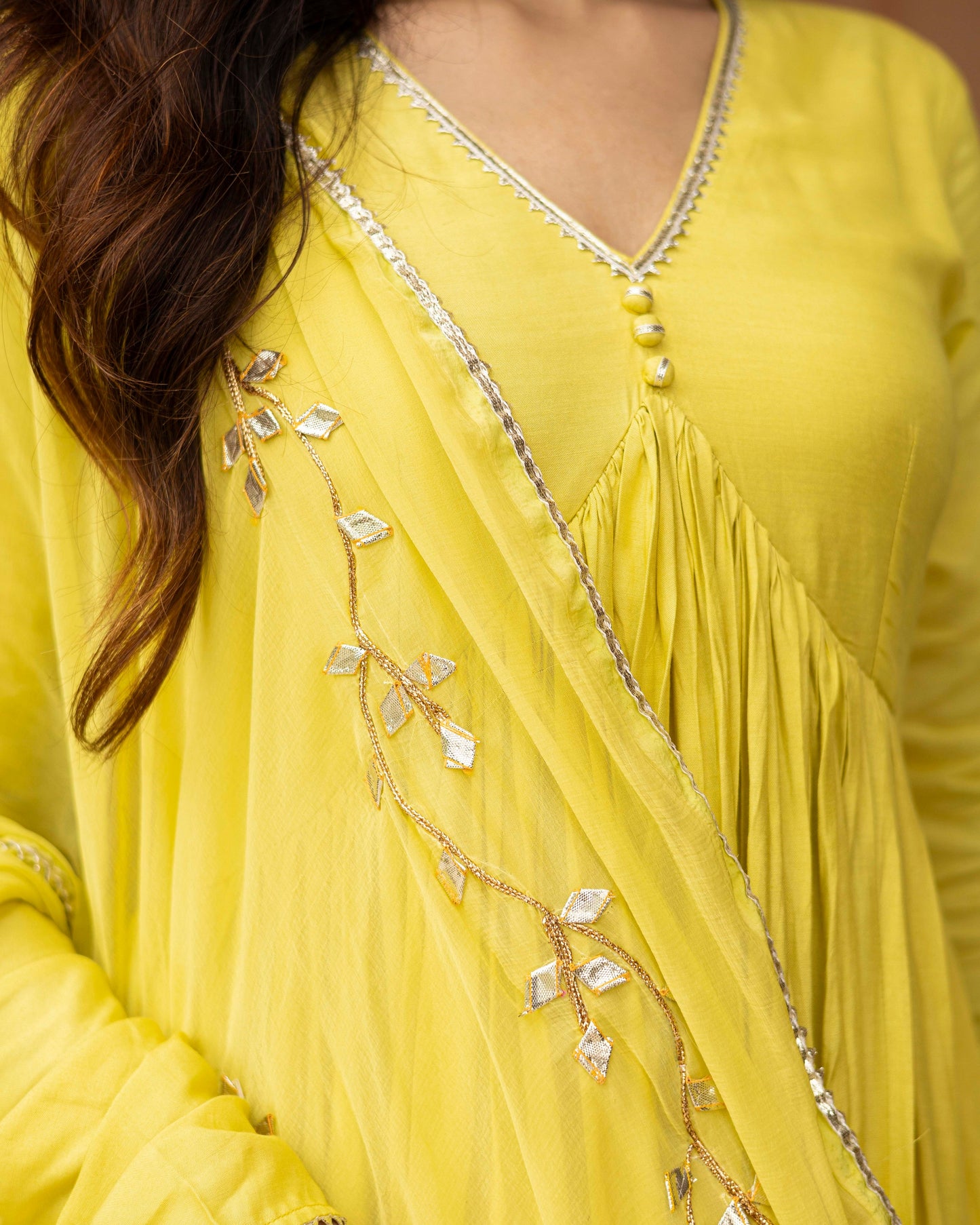 Slime Yellow Green V-Neck Kurta With Palazzo And Gotta Patti Dupatta