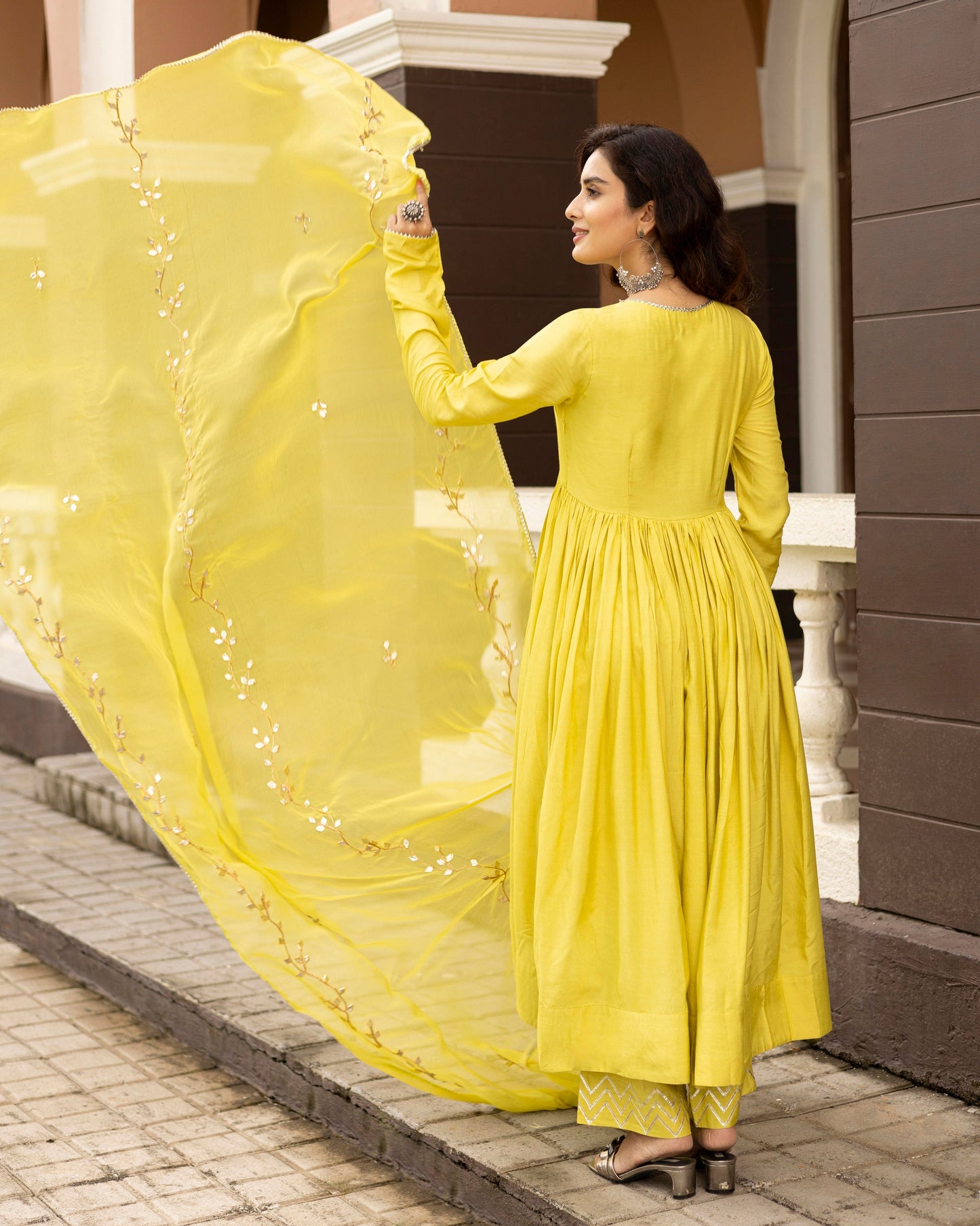 Slime Yellow Green V-Neck Kurta With Palazzo And Gotta Patti Dupatta