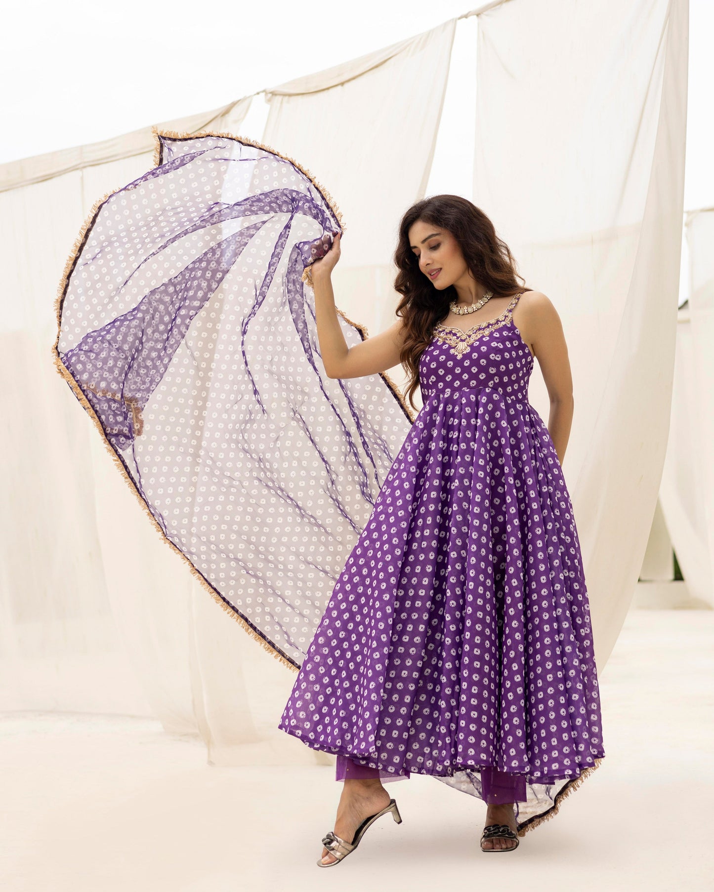 Bandhej Purple Anarkali With Pants And Dupatta Set Of 3