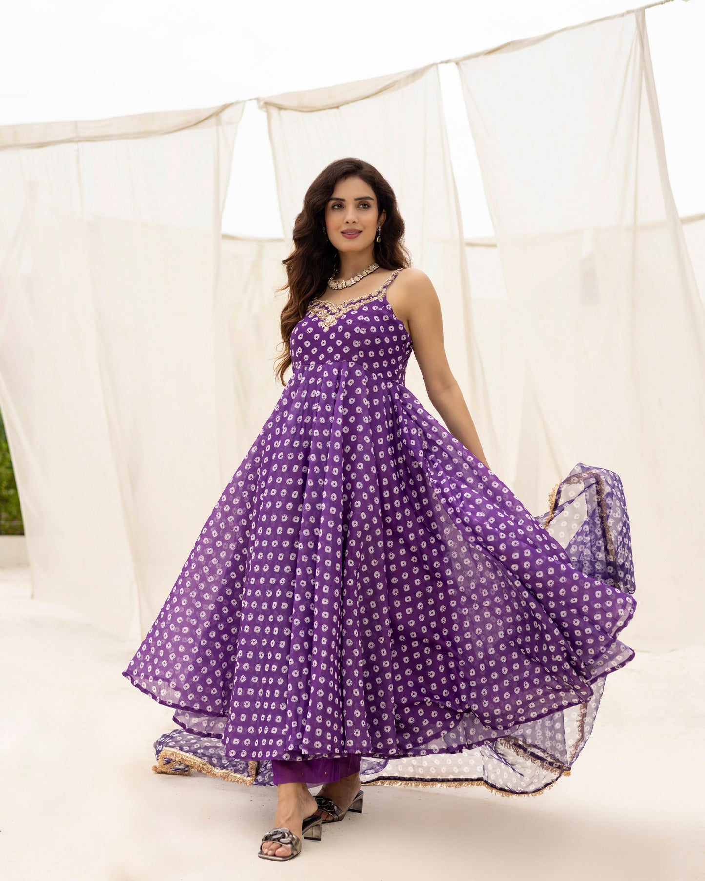 Bandhej Purple Anarkali With Pants And Dupatta Set Of 3