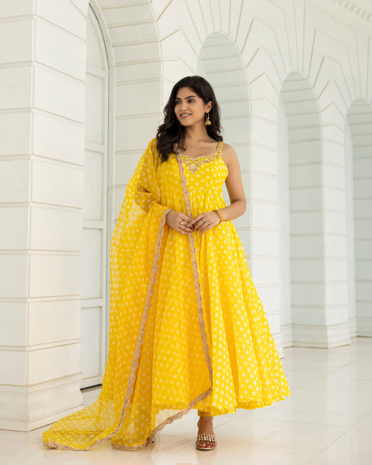 Bandhej Yellow Anarkali With Pants And Dupatta Set Of 3