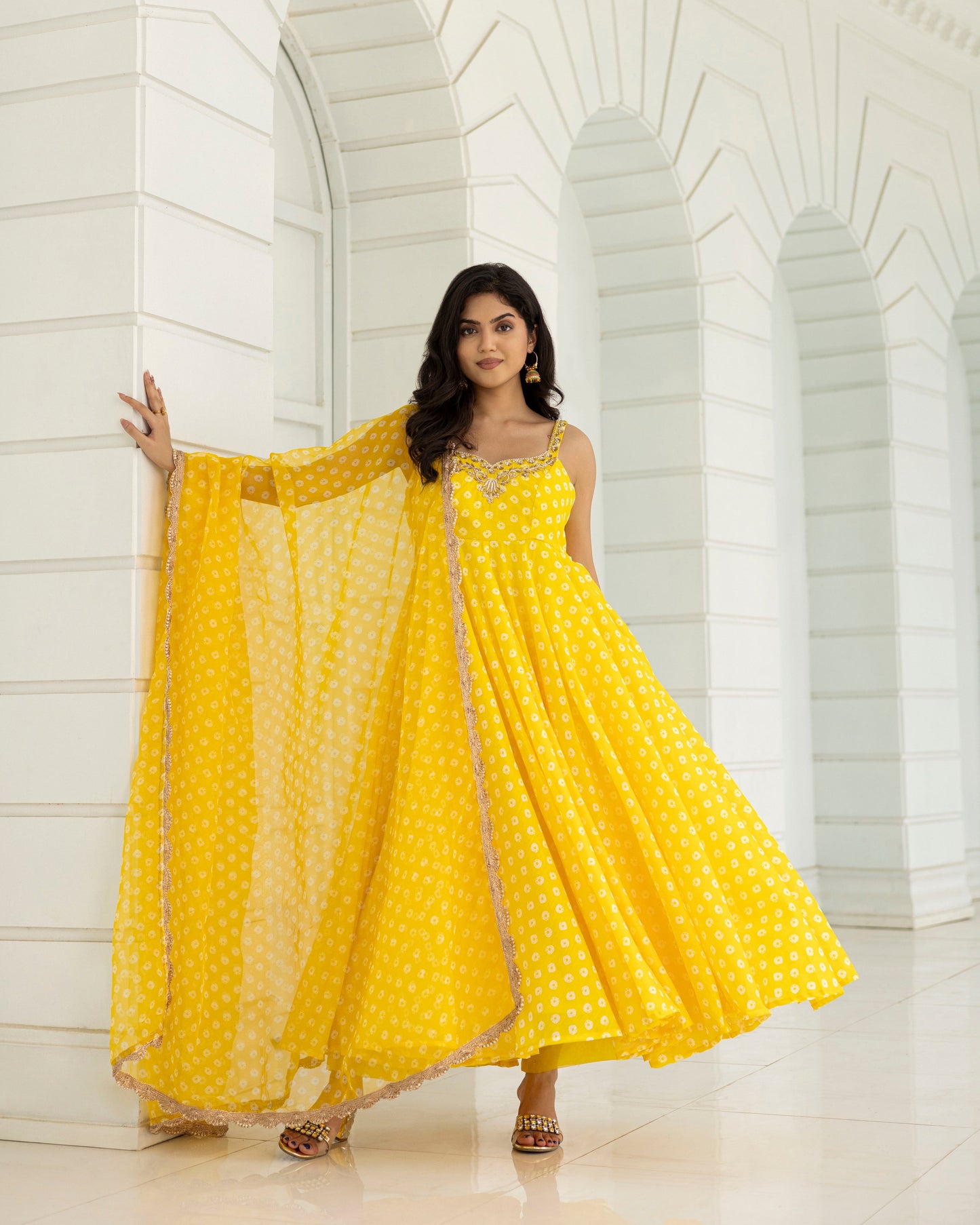 Bandhej Yellow Anarkali With Pants And Dupatta Set Of 3