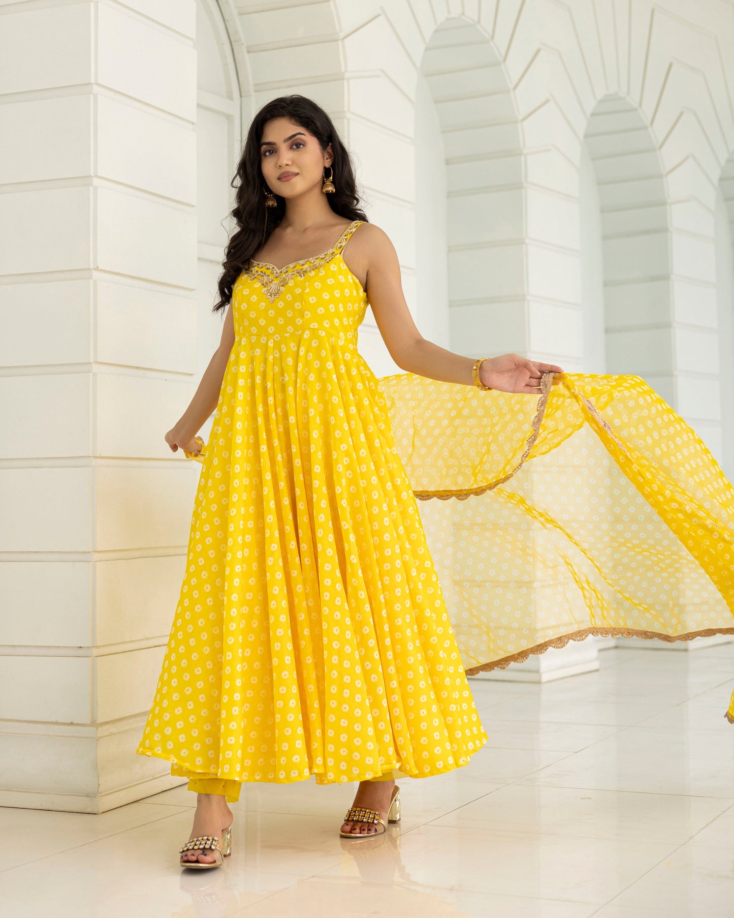 Bandhej Yellow Anarkali With Pants And Dupatta Set Of 3