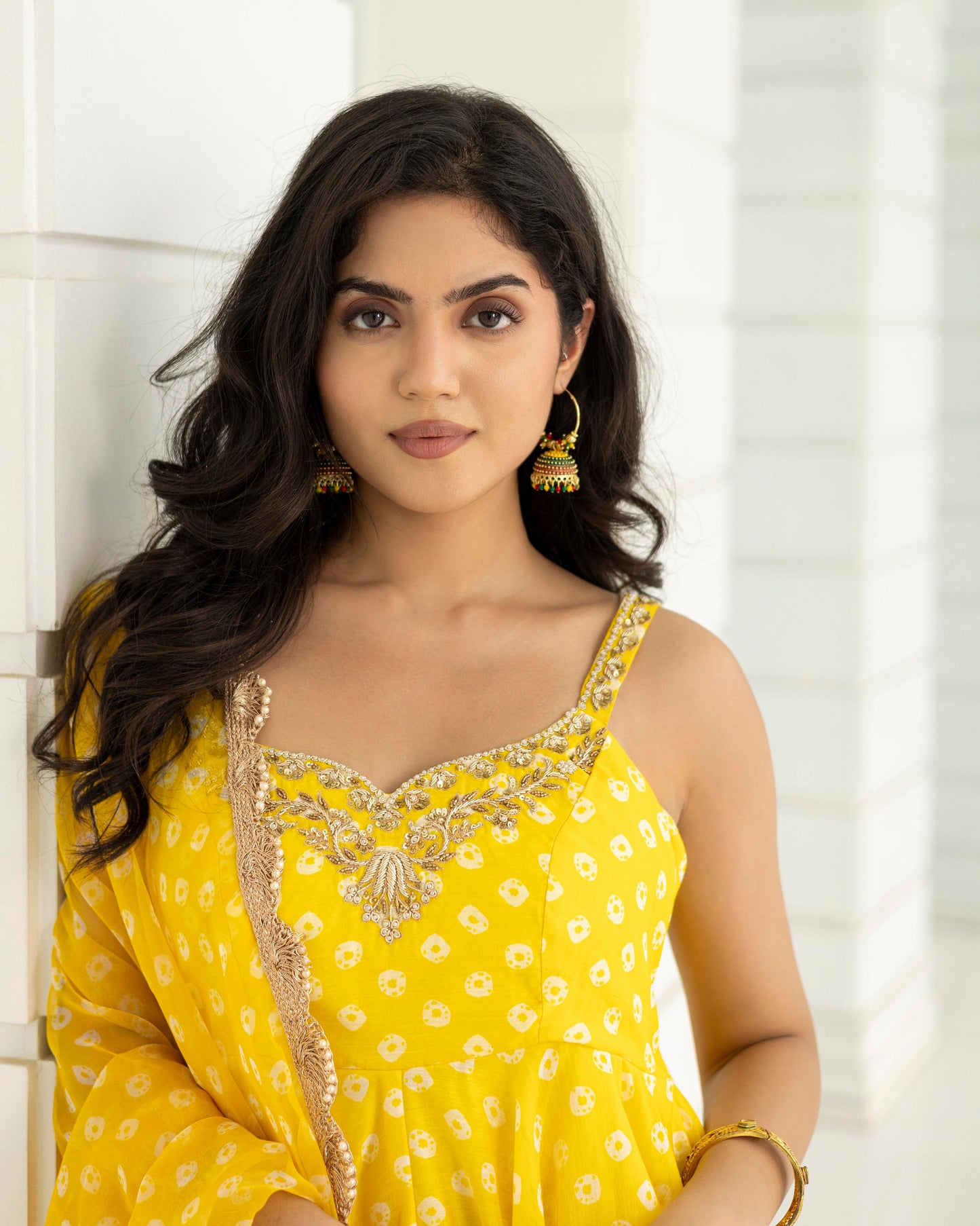 Bandhej Yellow Anarkali With Pants And Dupatta Set Of 3