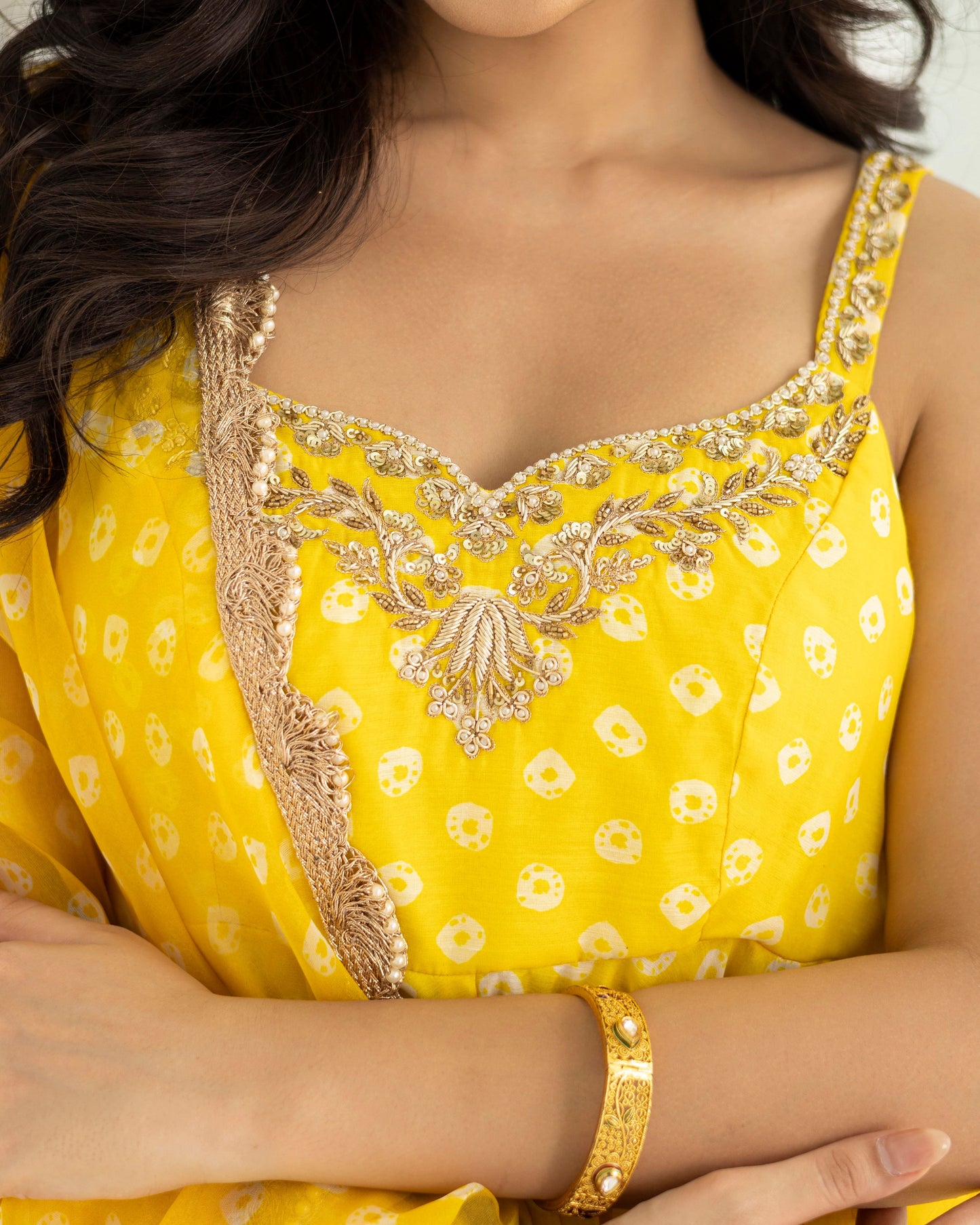 Bandhej Yellow Anarkali With Pants And Dupatta Set Of 3