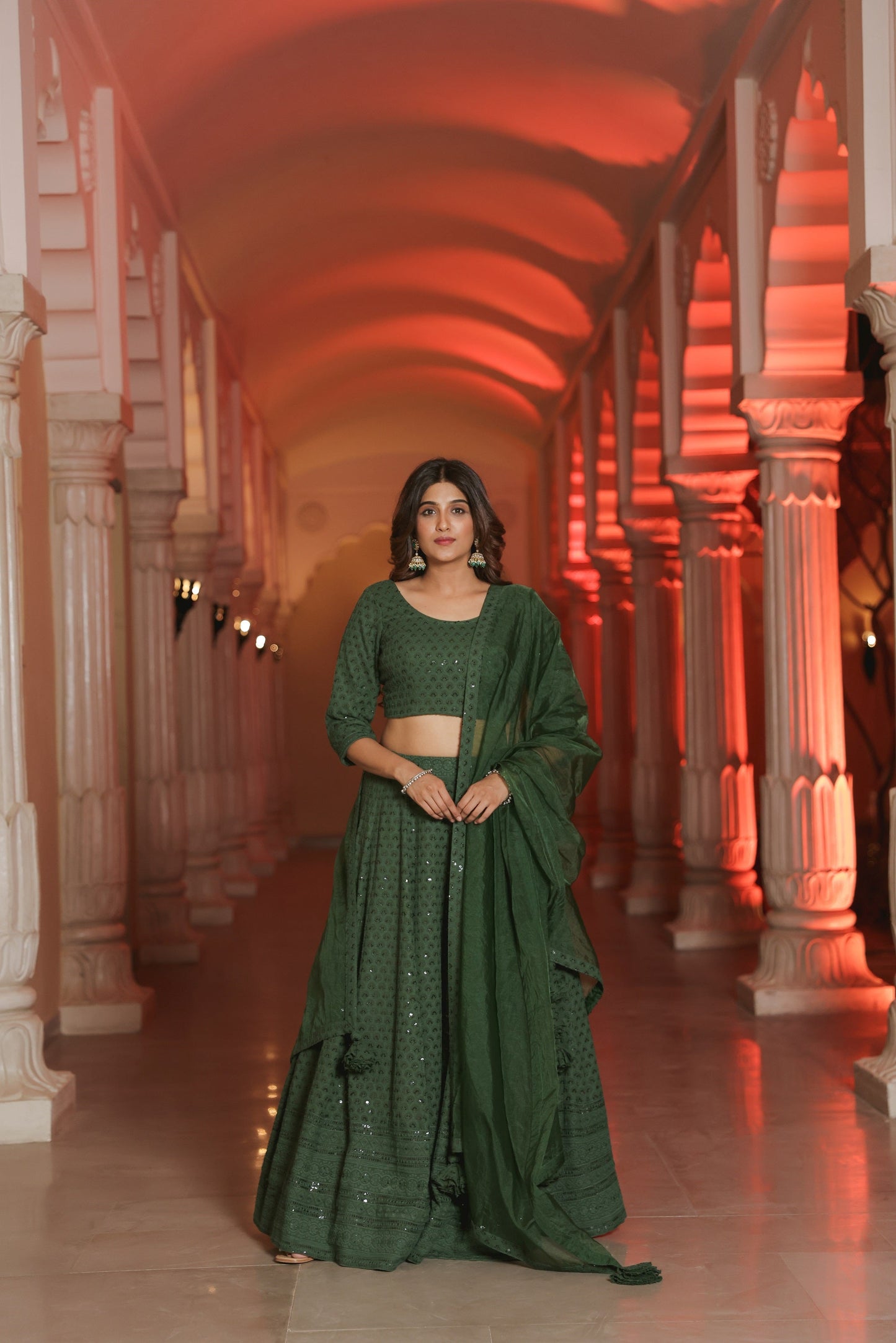 Bottle Green Embroidered Lehenga