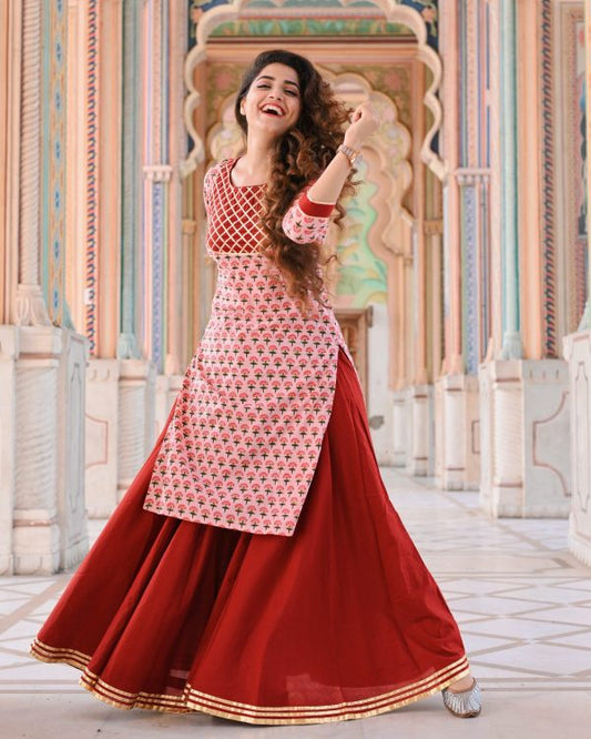 Maroon Block Printed Kurta With Skirt