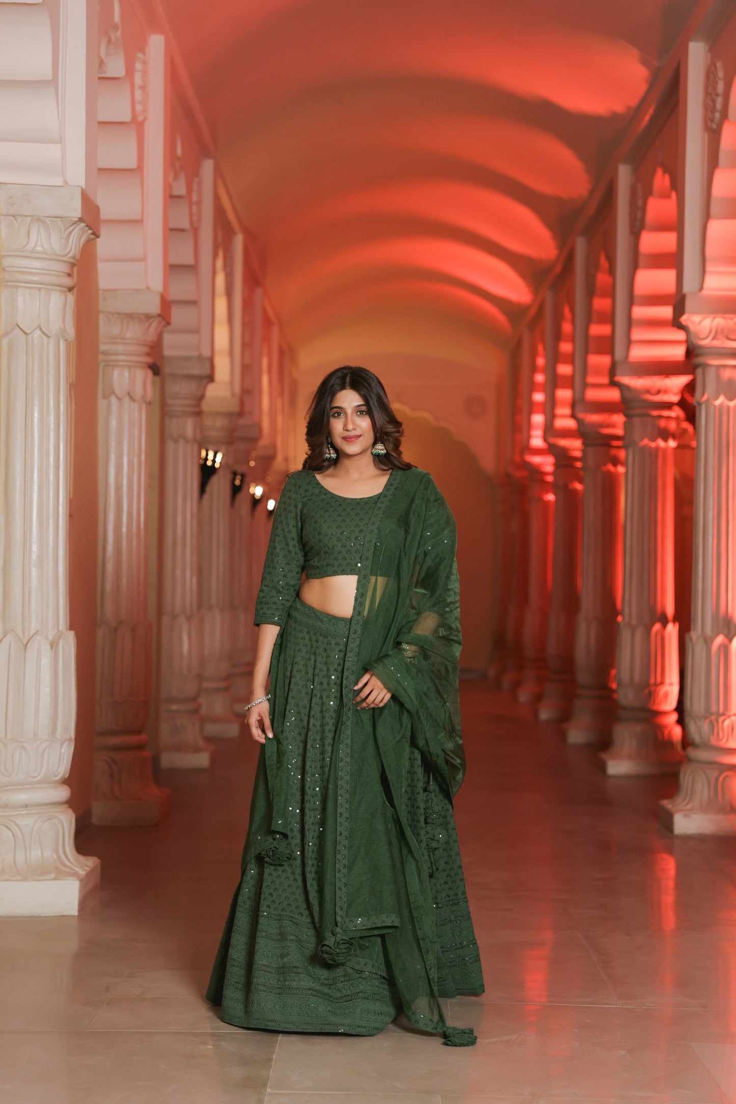Bottle Green Embroidered Lehenga