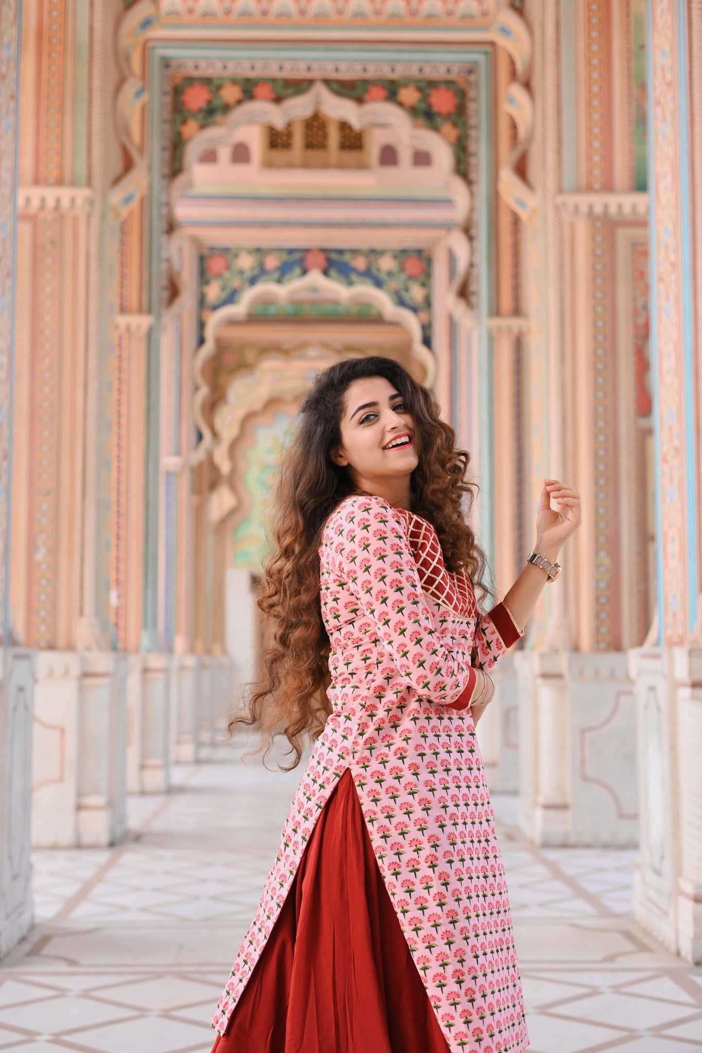 Maroon Block Printed Kurta With Skirt