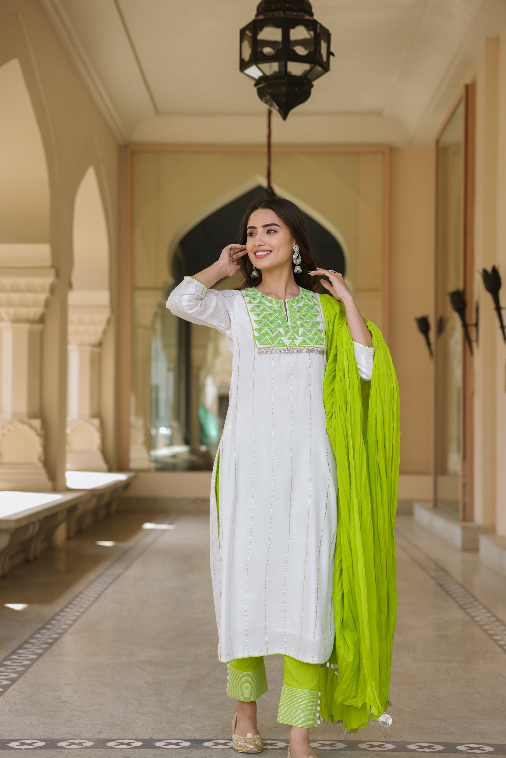 Pea Green Embroidered Suit Set