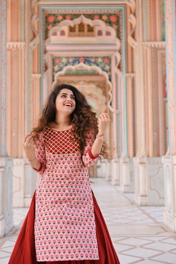 Maroon Block Printed Kurta With Skirt