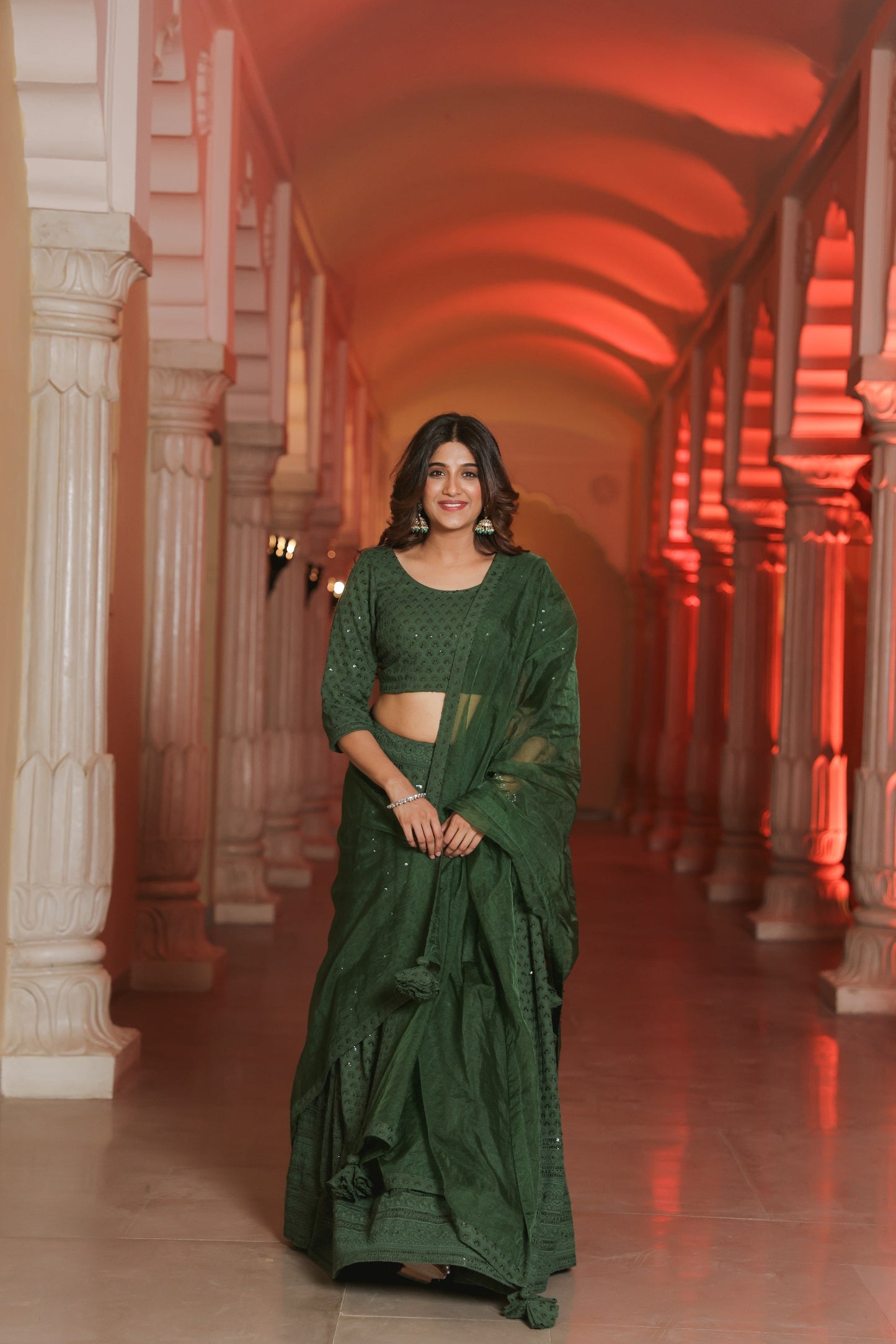 Bottle Green Embroidered Lehenga
