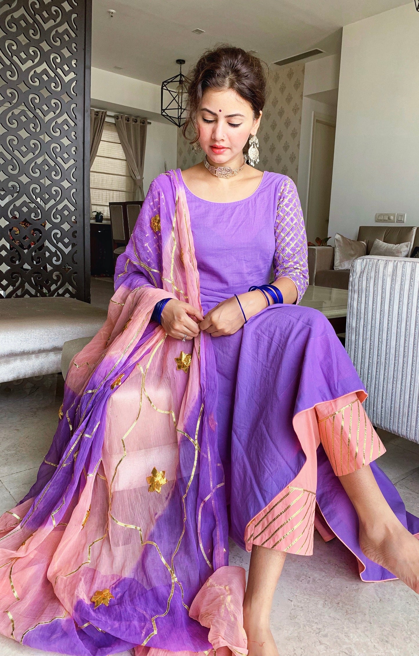 Purple Pink Gotta Pati Anarkali suit