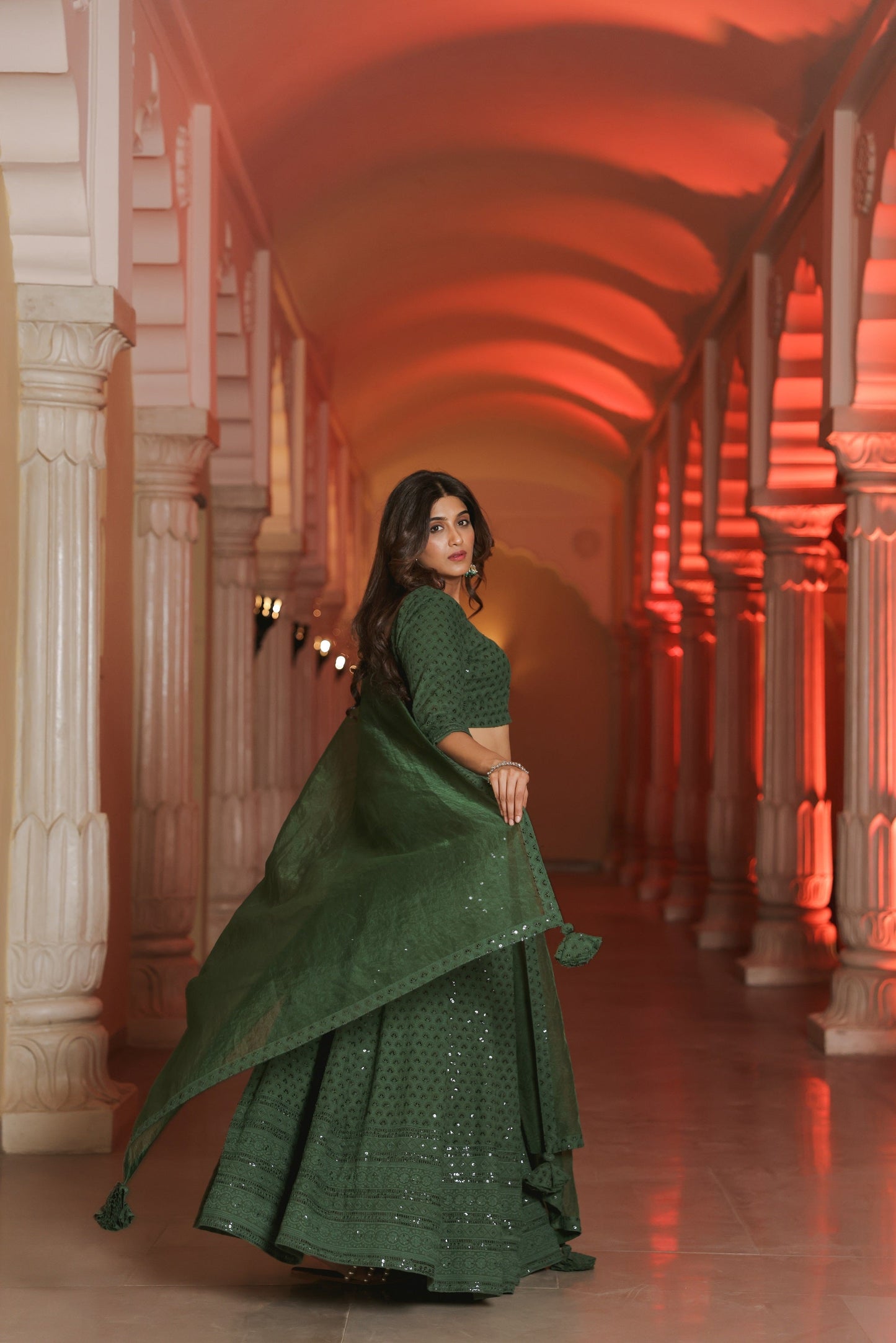 Bottle Green Embroidered Lehenga