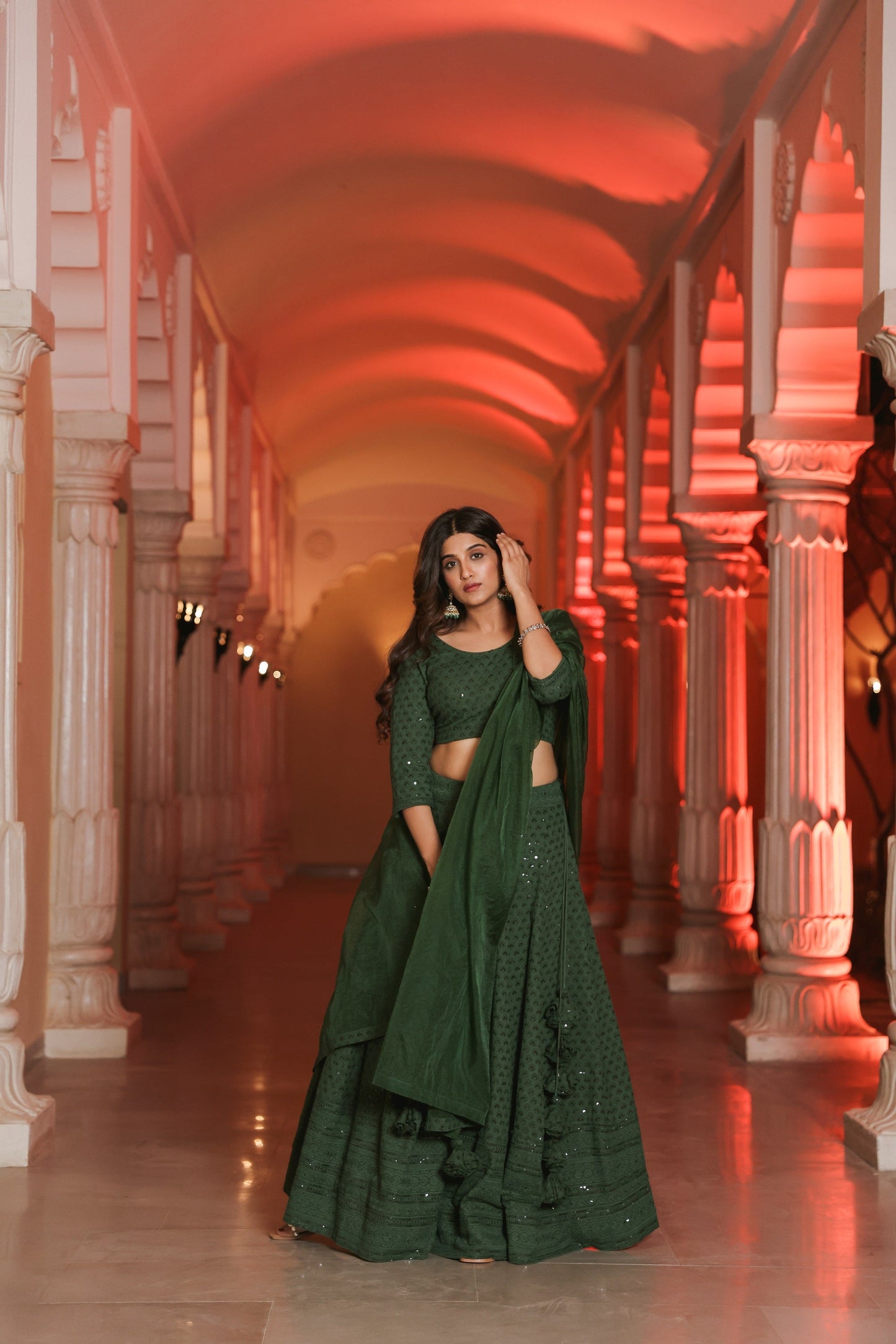 Bottle Green Embroidered Lehenga
