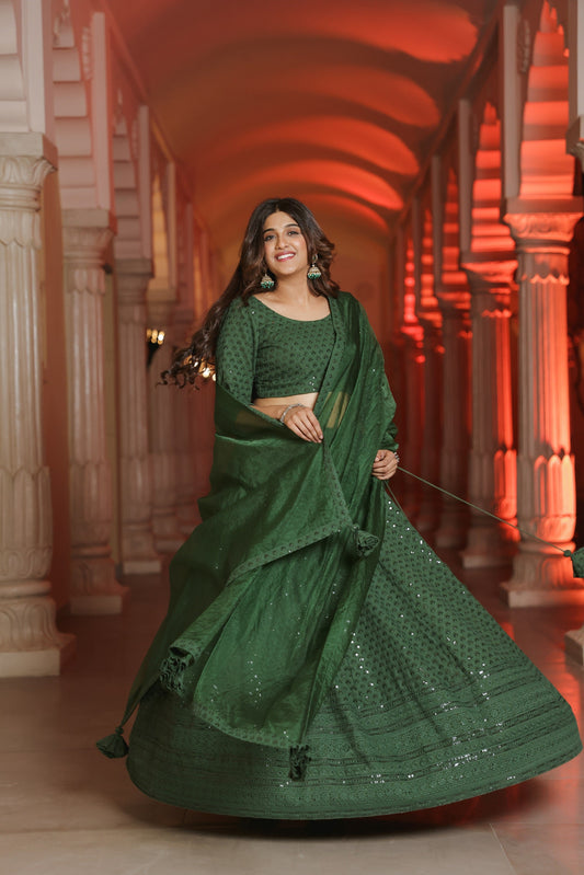 Bottle Green Embroidered Lehenga