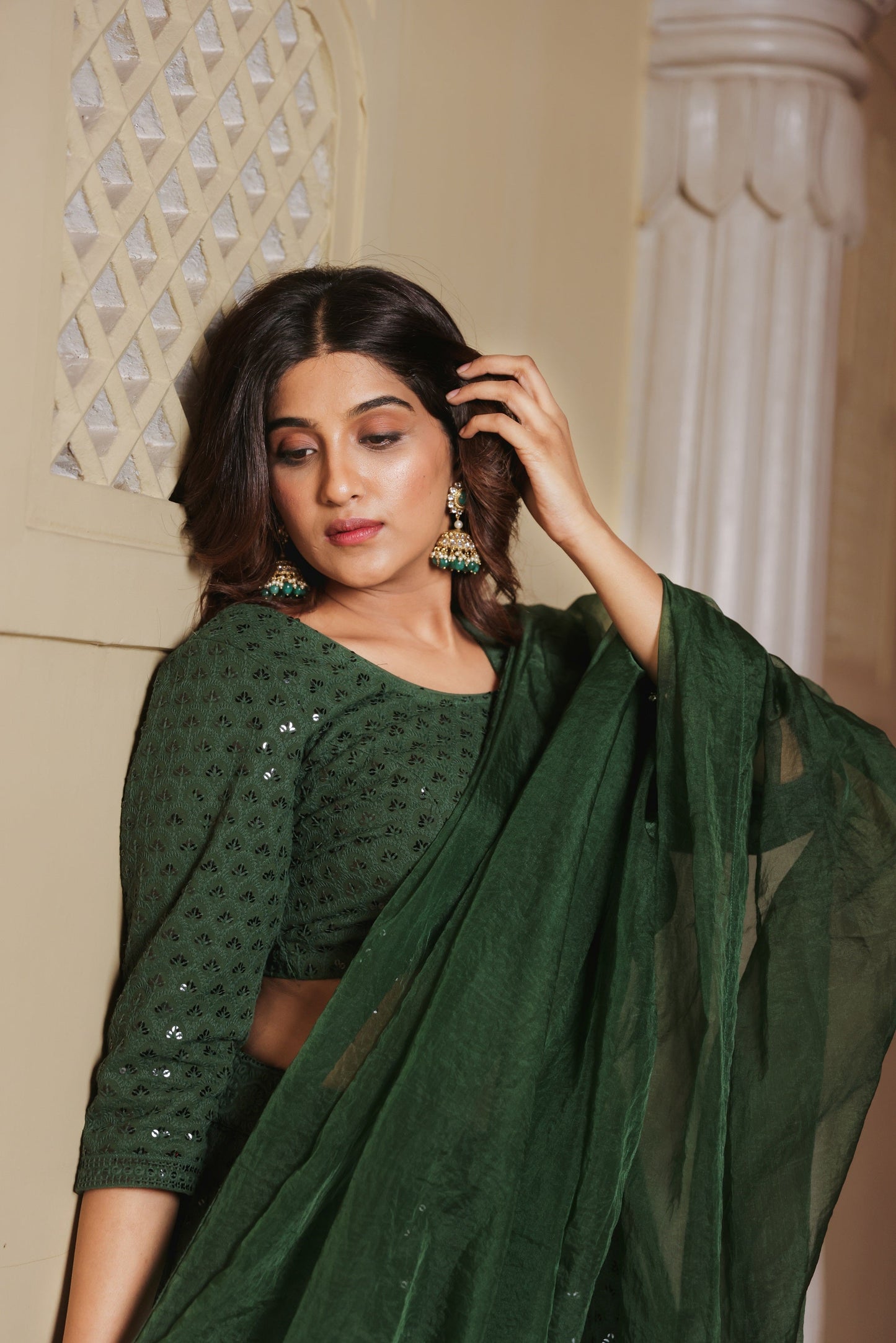 Bottle Green Embroidered Lehenga