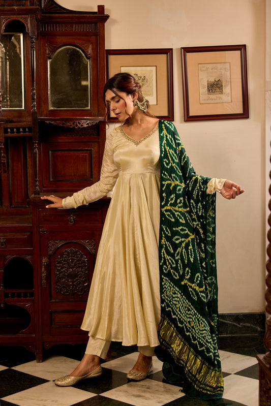 Tissue Green Bandhej Anarkali Suit Set