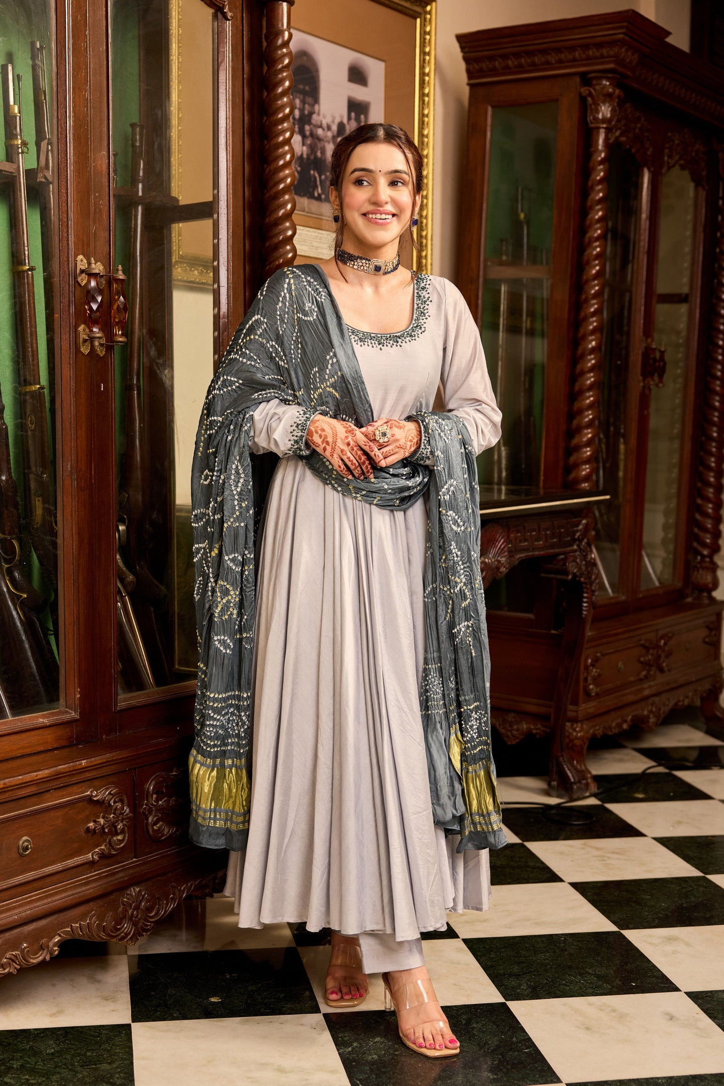 Lava Gray Bandhej Anarkali Suit Set