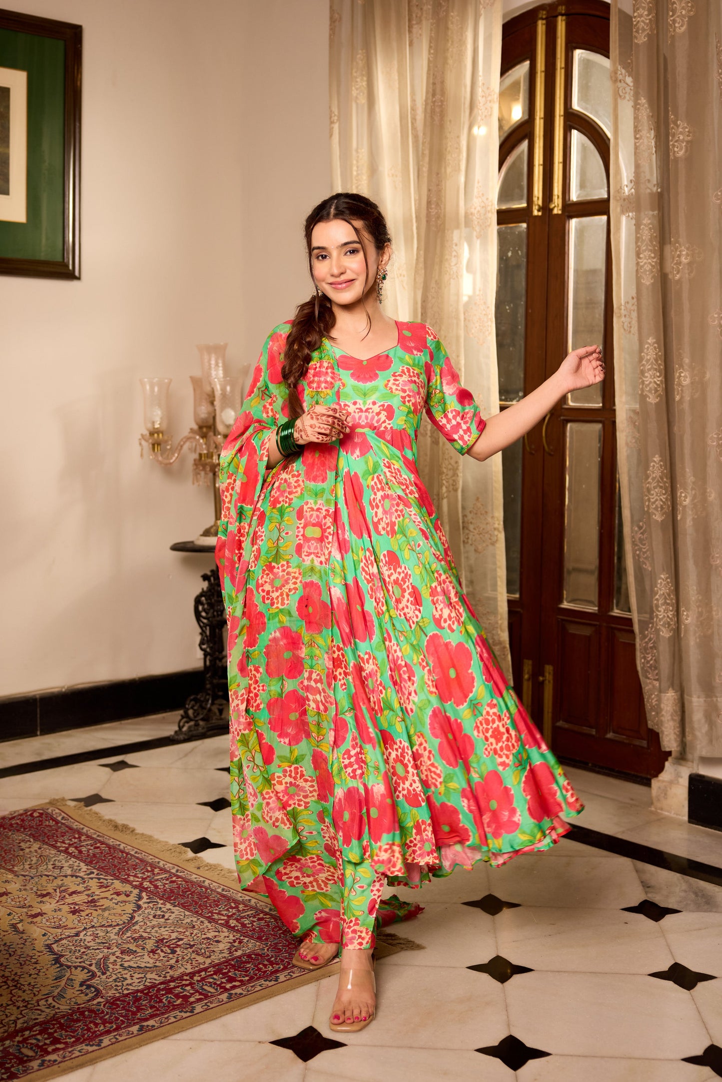Shamrock Green Printed Anarkali Suit Set