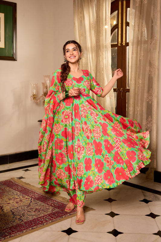 Shamrock Green Printed Anarkali Suit Set