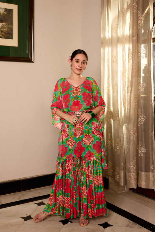 Shamrock Green Kaftan Sharara  Set