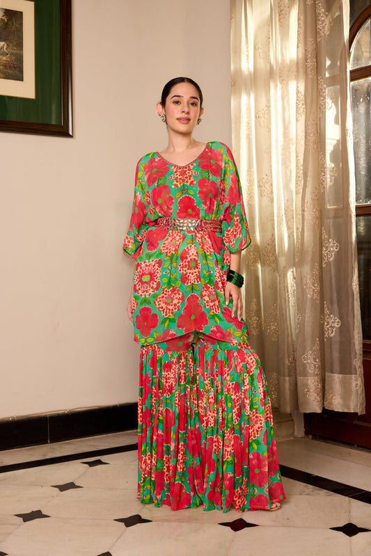Shamrock Green Kaftan Sharara  Set
