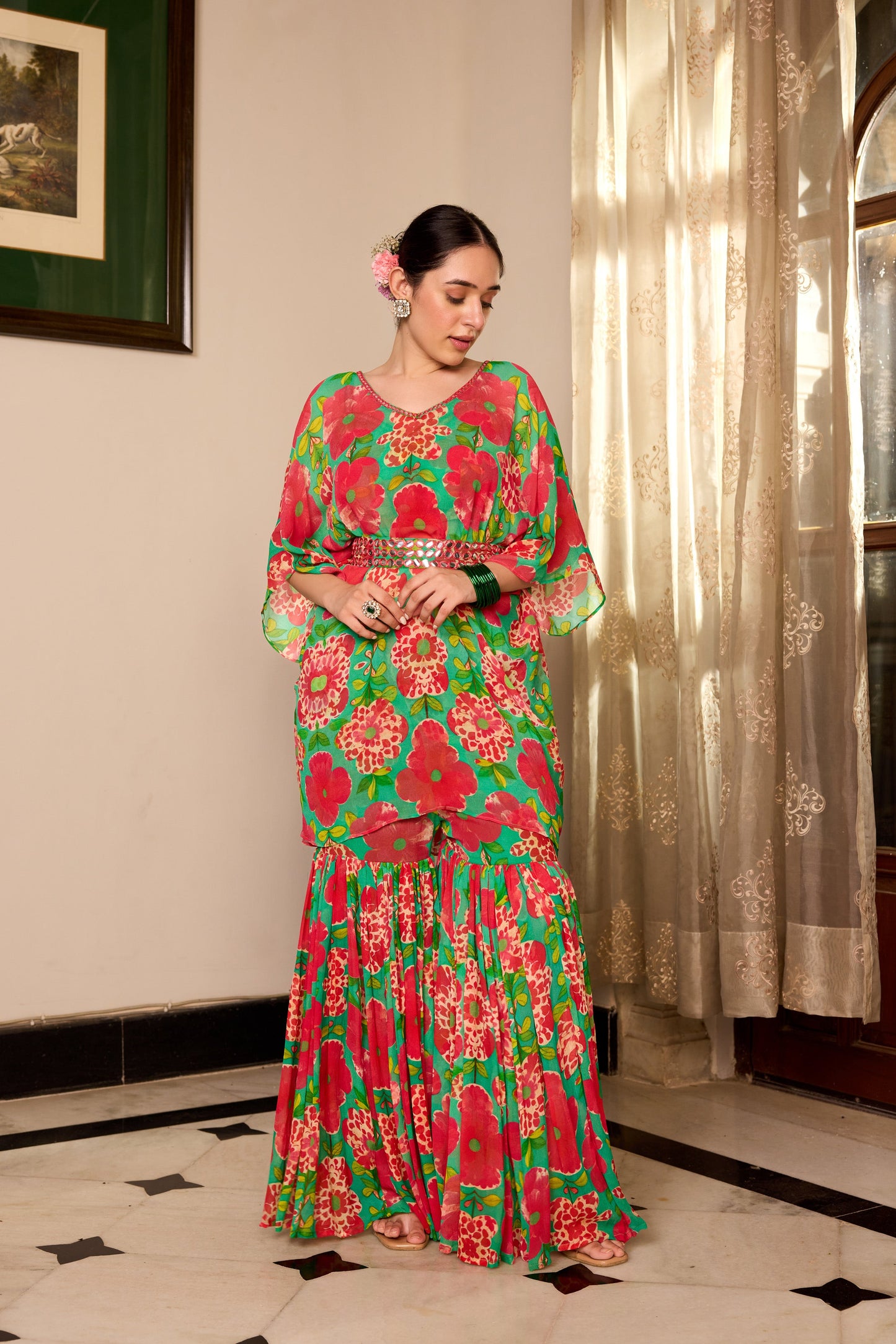Shamrock Green Kaftan Sharara Set