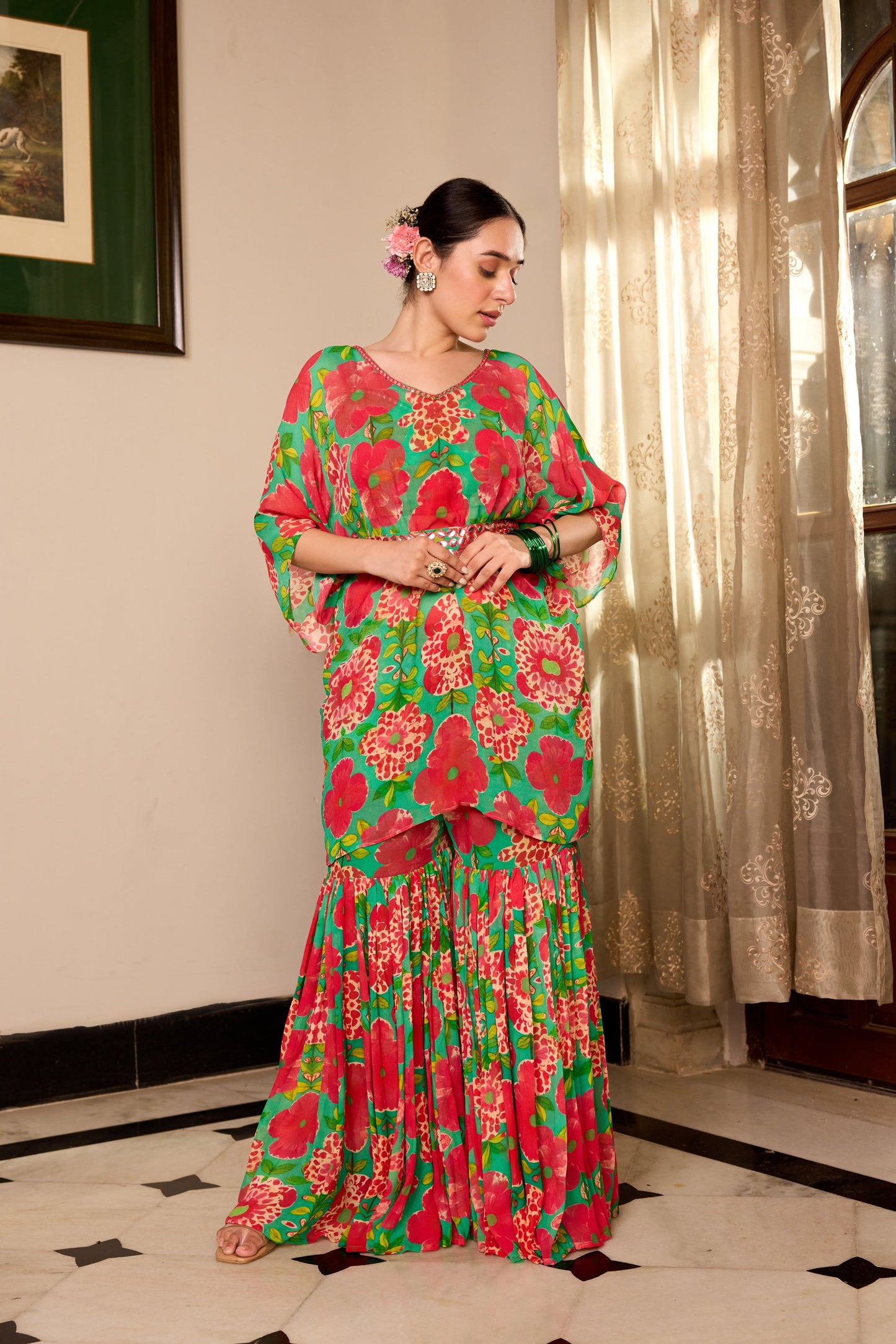 Shamrock Green Kaftan Sharara Set